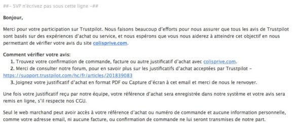 TrustPilot - Mail de suppression de mon avis